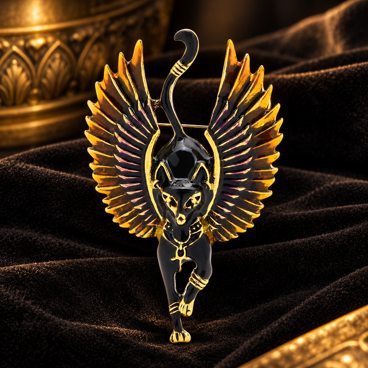 Egyptian Winged Cat Brooch — styled background