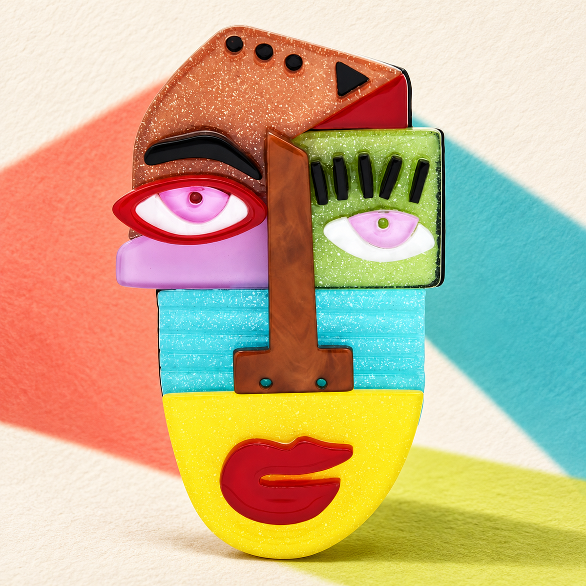 Abstract Colorblock Face Acrylic Brooch — styled background