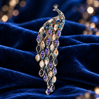 Cascading Crystal-Look Peacock Brooch — styled background