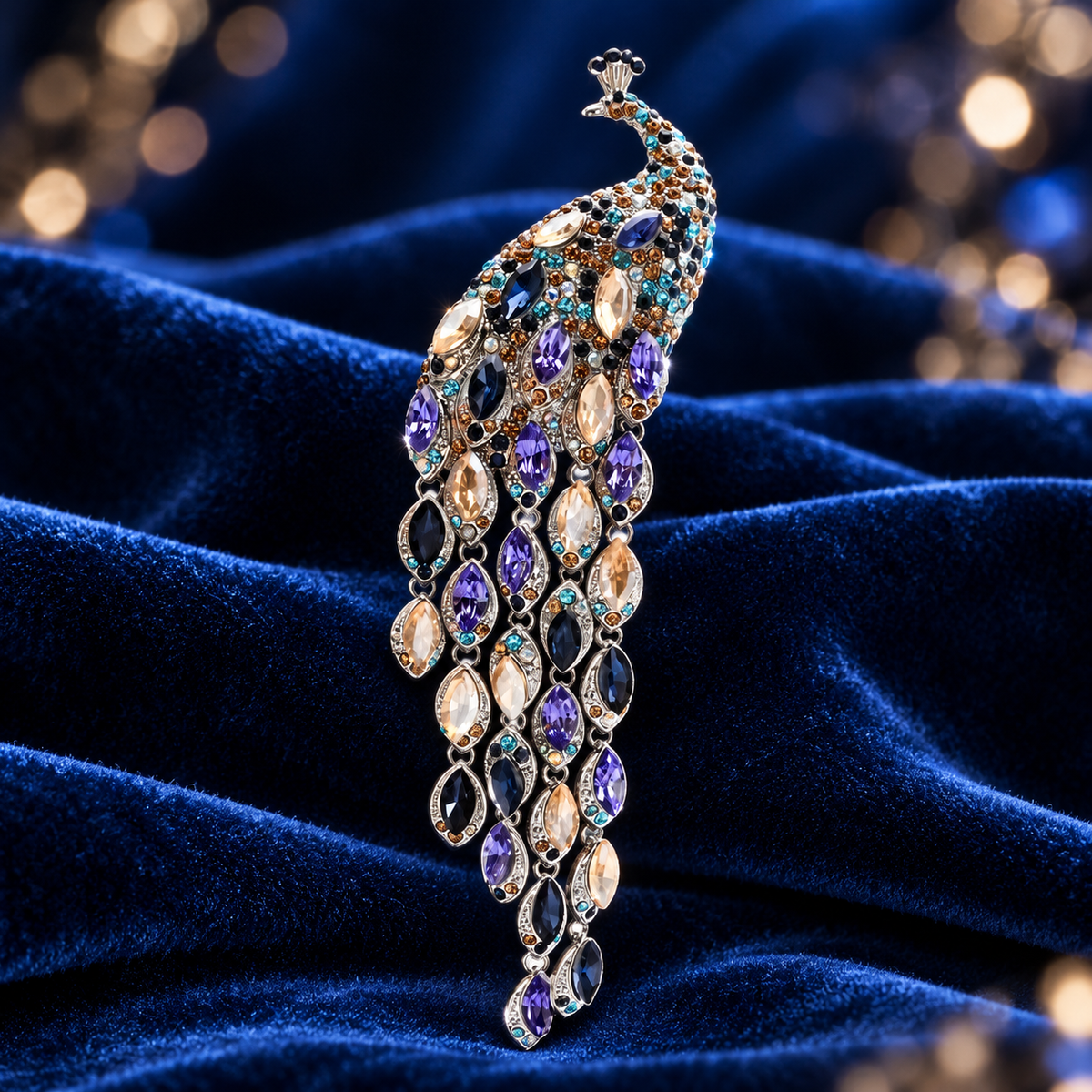 Cascading Crystal-Look Peacock Brooch — styled background