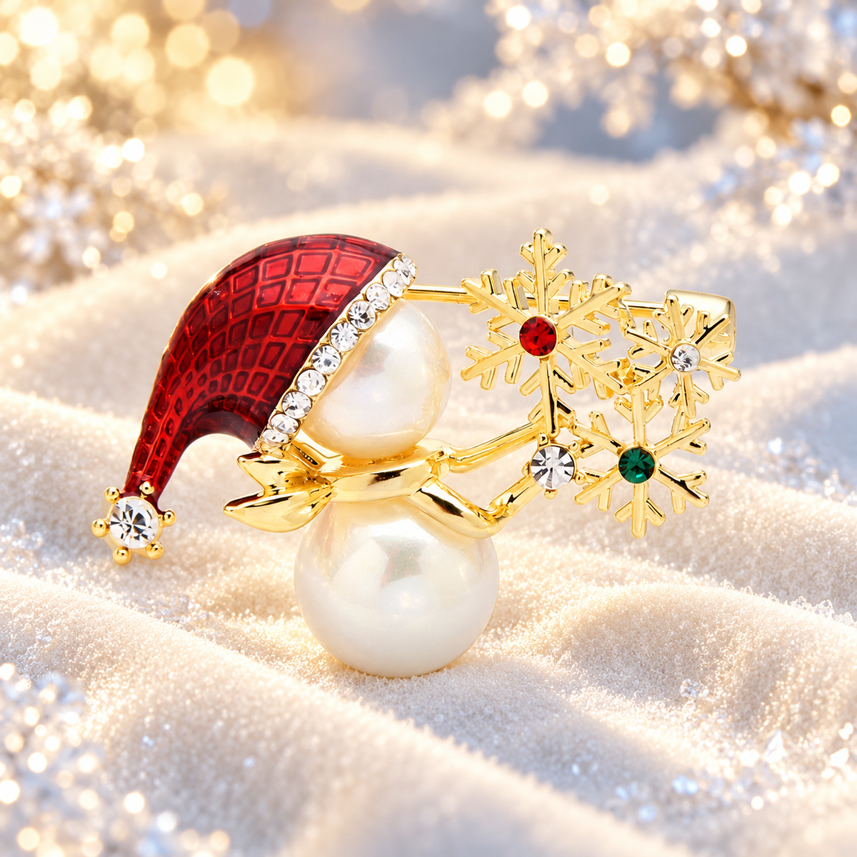 Pearl-Look Snowman with Snowflake Brooch — styled background