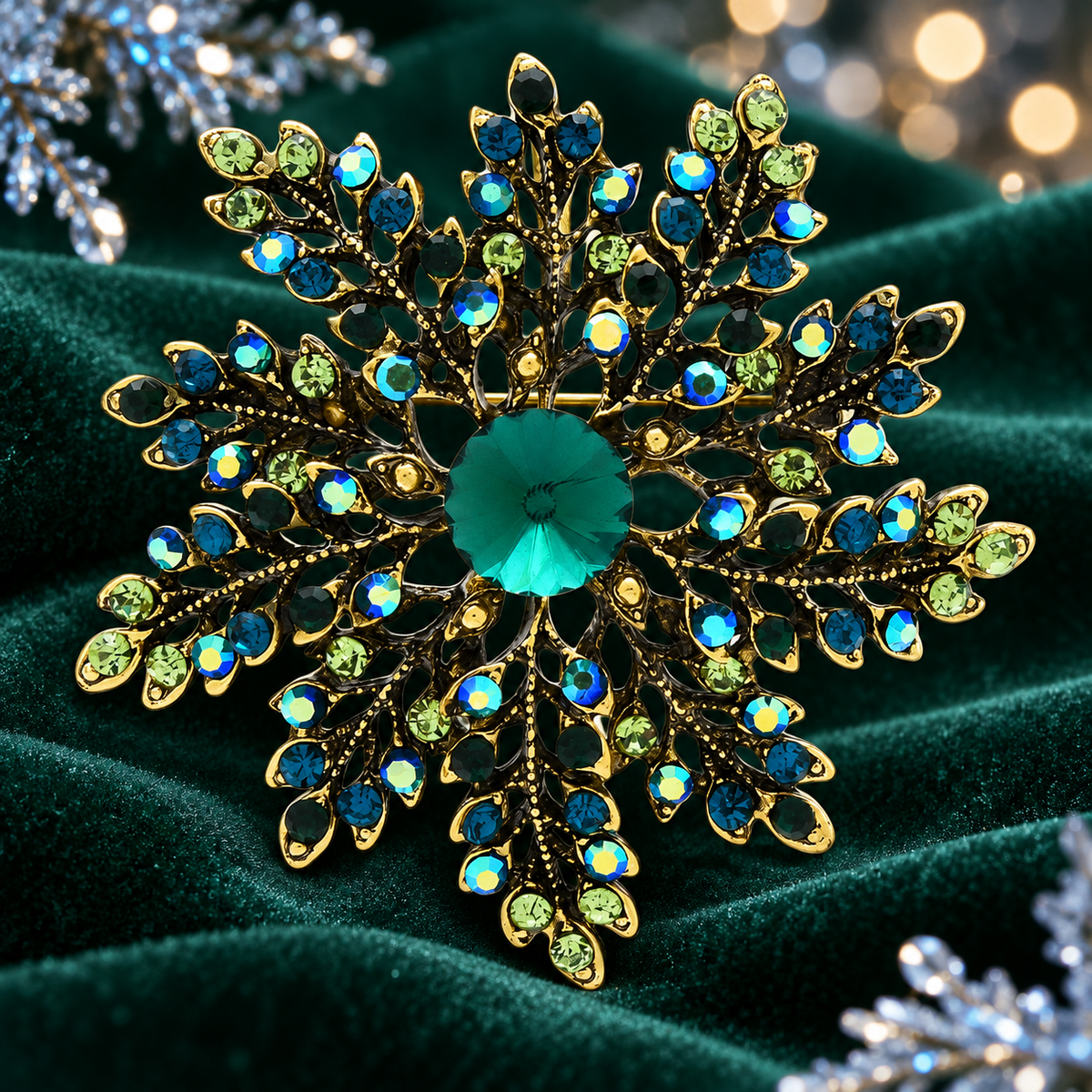 Emerald-Look Jeweled Snowflake Brooch — styled background