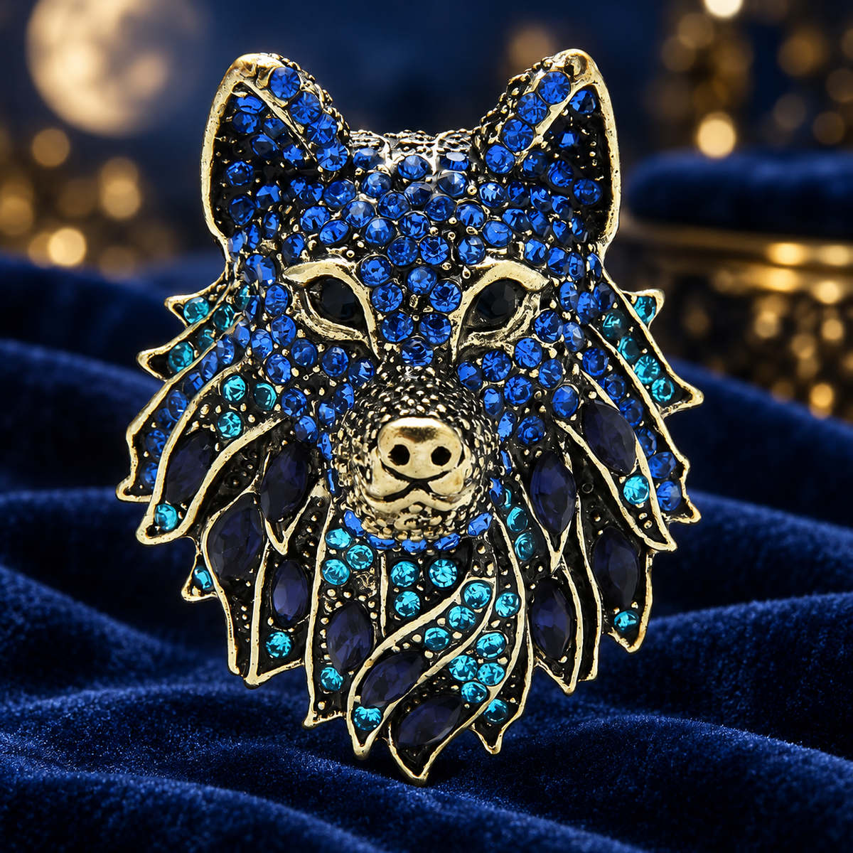Vintage Jeweled Wolf Head Brooch — styled background