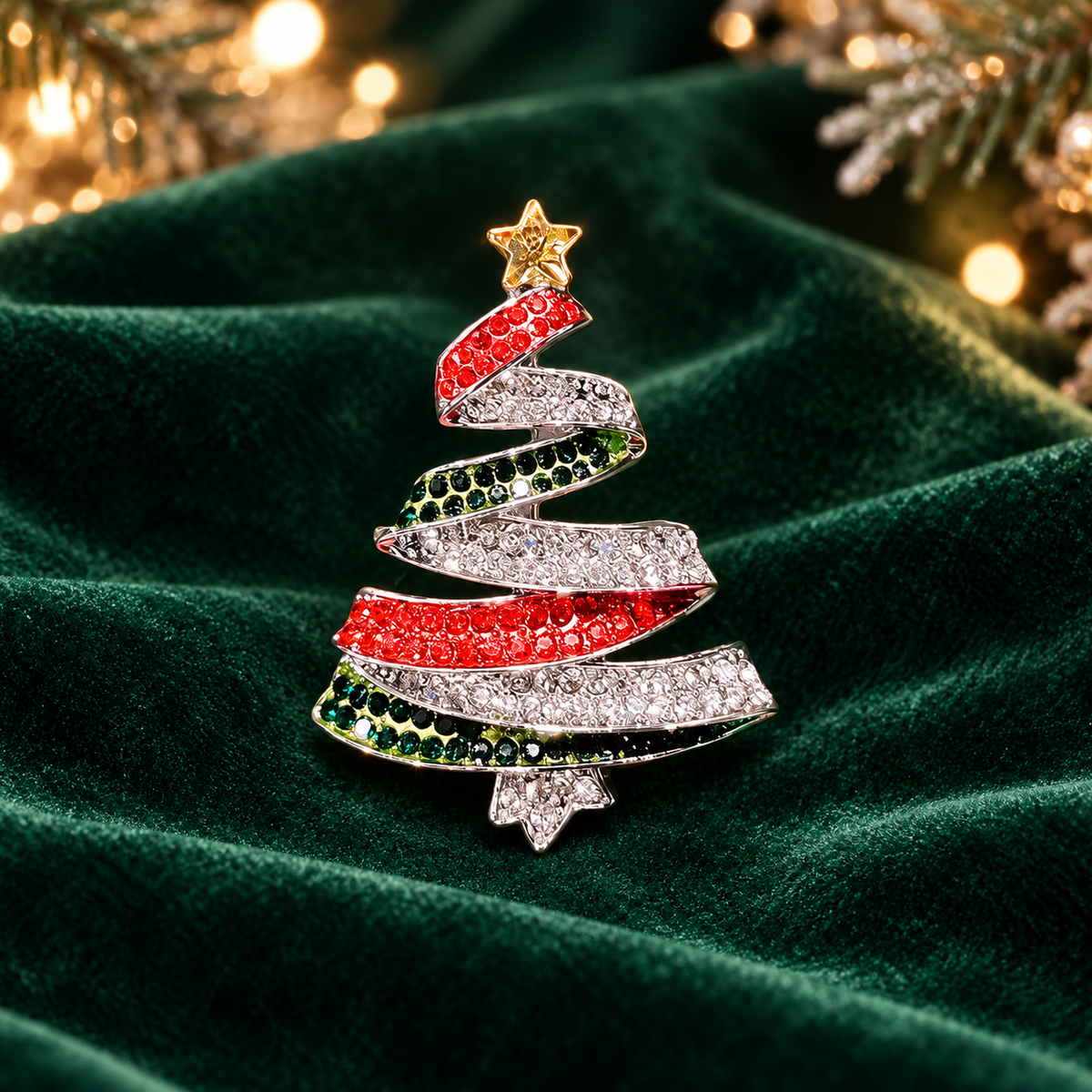 Jeweled Ribbon Christmas Tree Brooch — styled background
