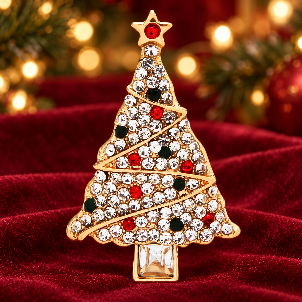 Spiral Rhinestone Christmas Tree Brooch — styled background