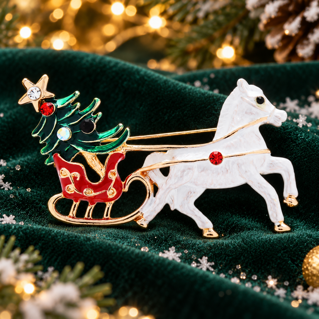 Enamel Christmas Tree Carriage Brooch — styled background