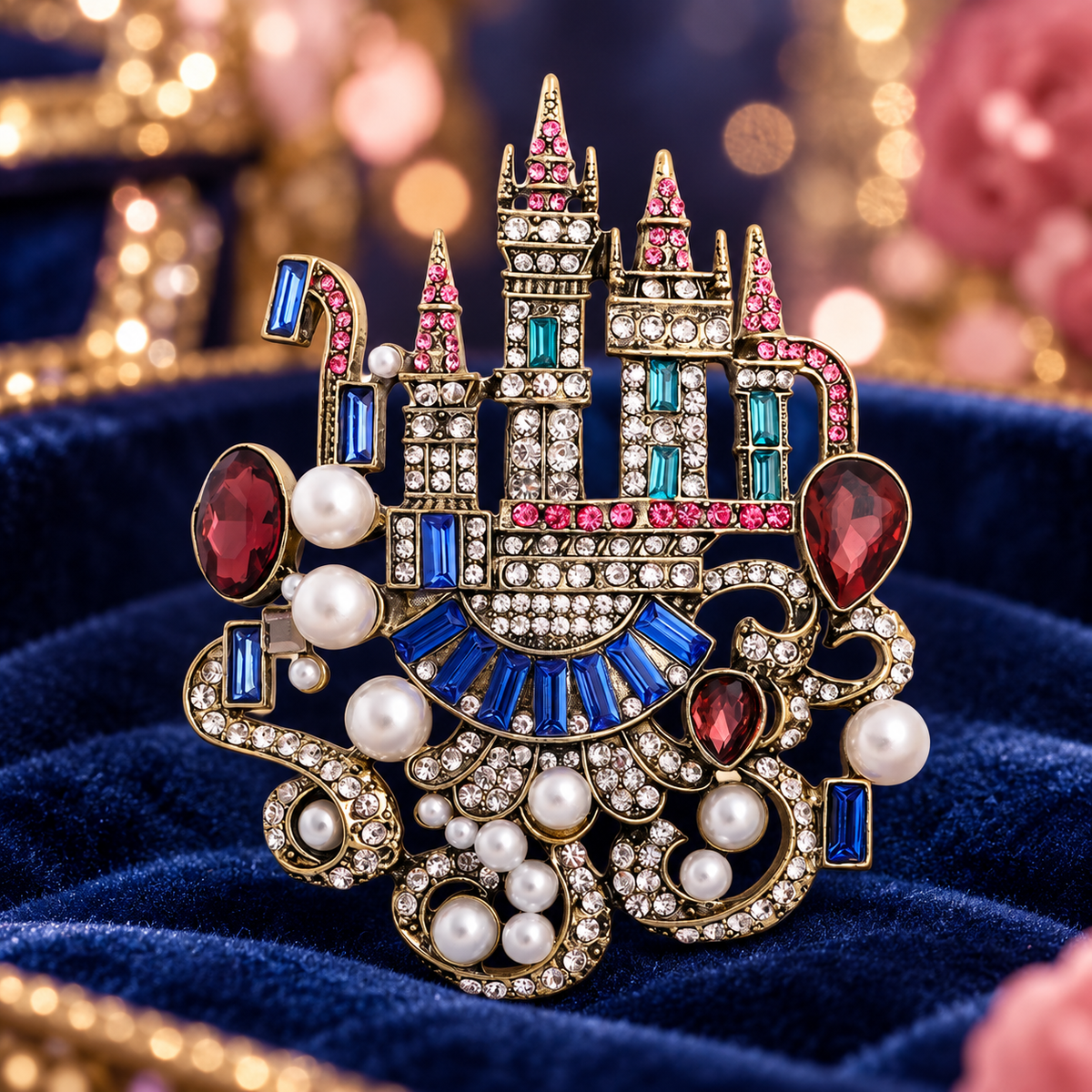 Jeweled Fairytale Castle Brooch — styled background