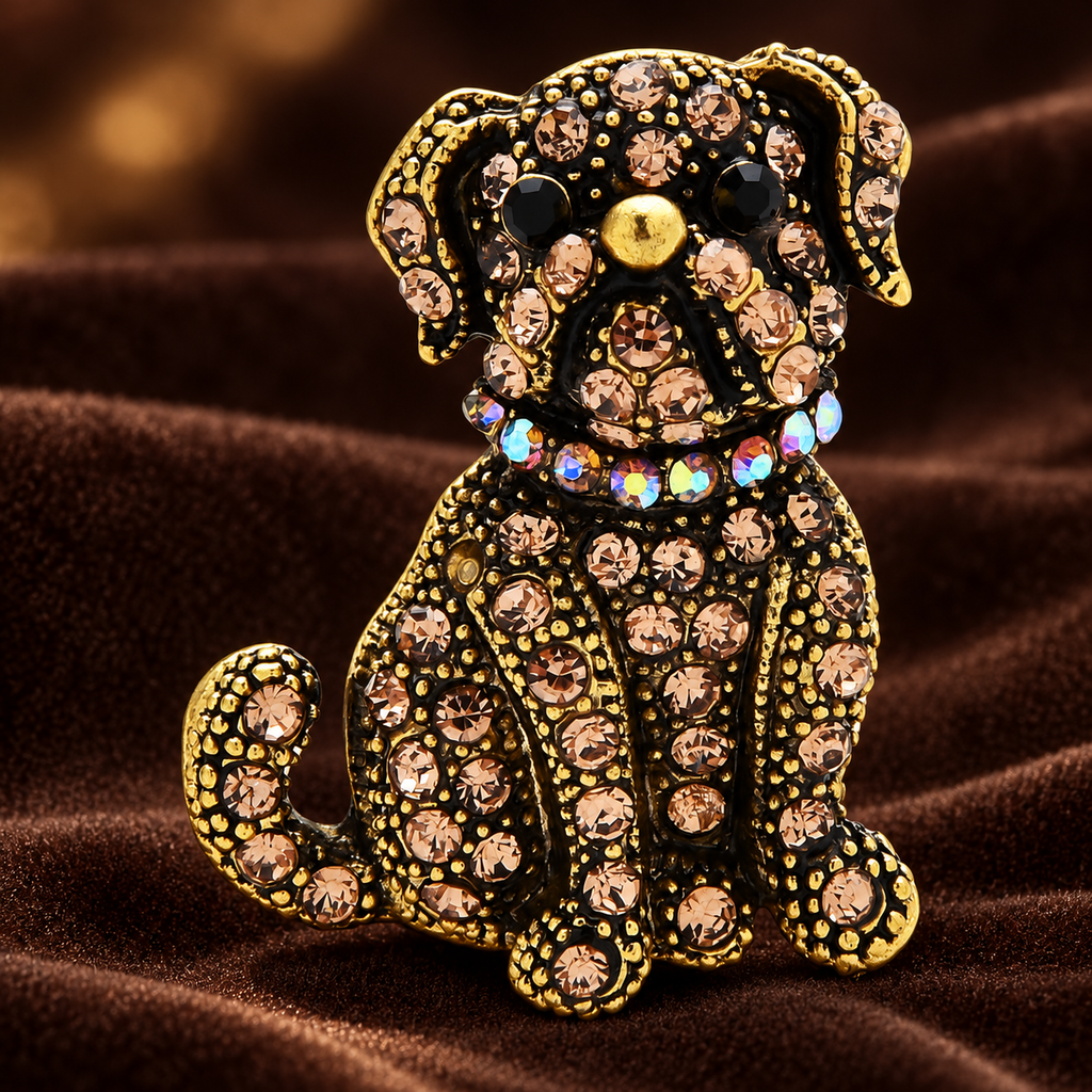 Jeweled Shar Pei Dog Brooch — styled background