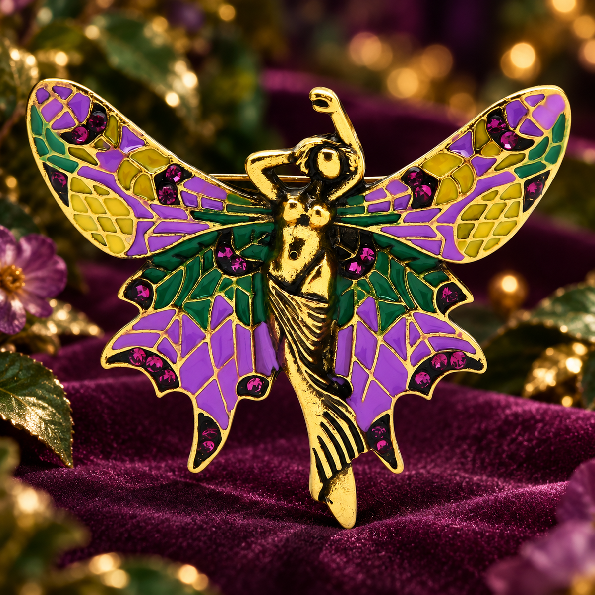Enamel Butterfly Fairy Brooch — styled background