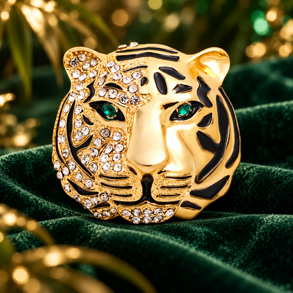 Jeweled Tiger Face Brooch — styled background