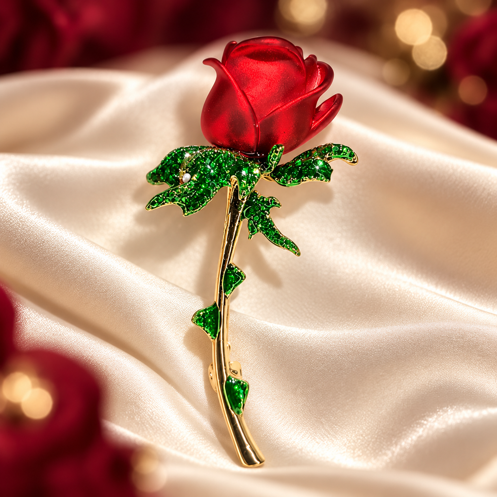 Red Enamel Rose with Pearl-Look Bud Brooch — styled background