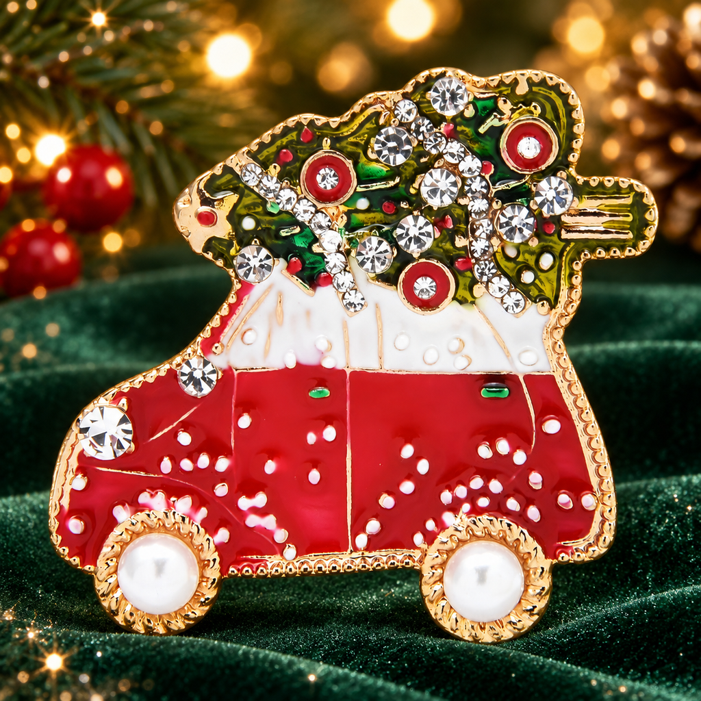 Enamel Christmas Tree Car Brooch — styled background