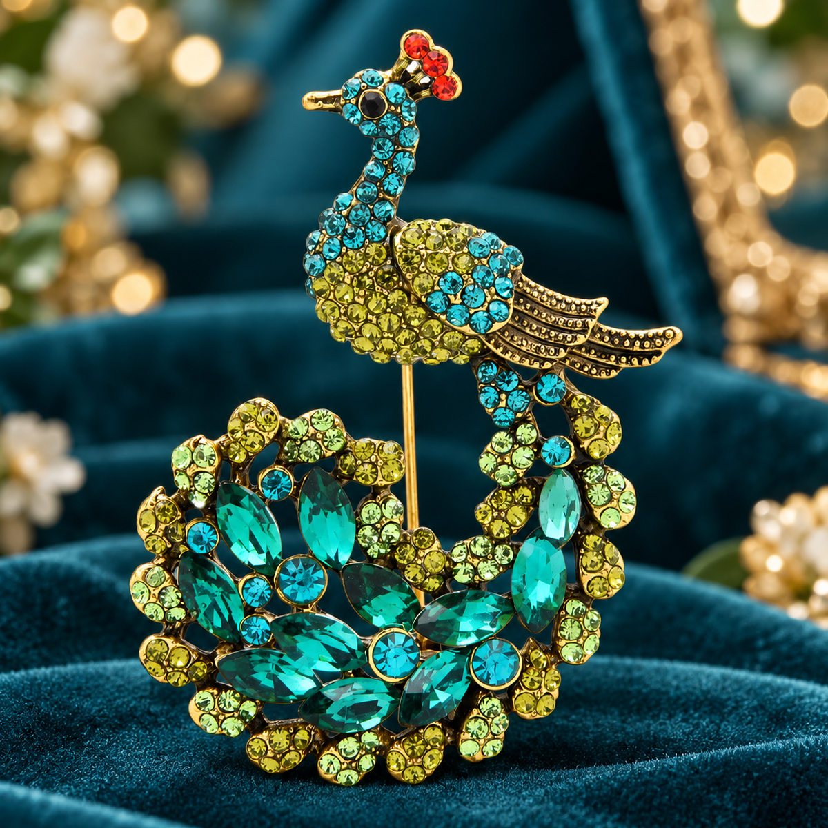 Jeweled Peacock with Curled Tail Brooch — styled background