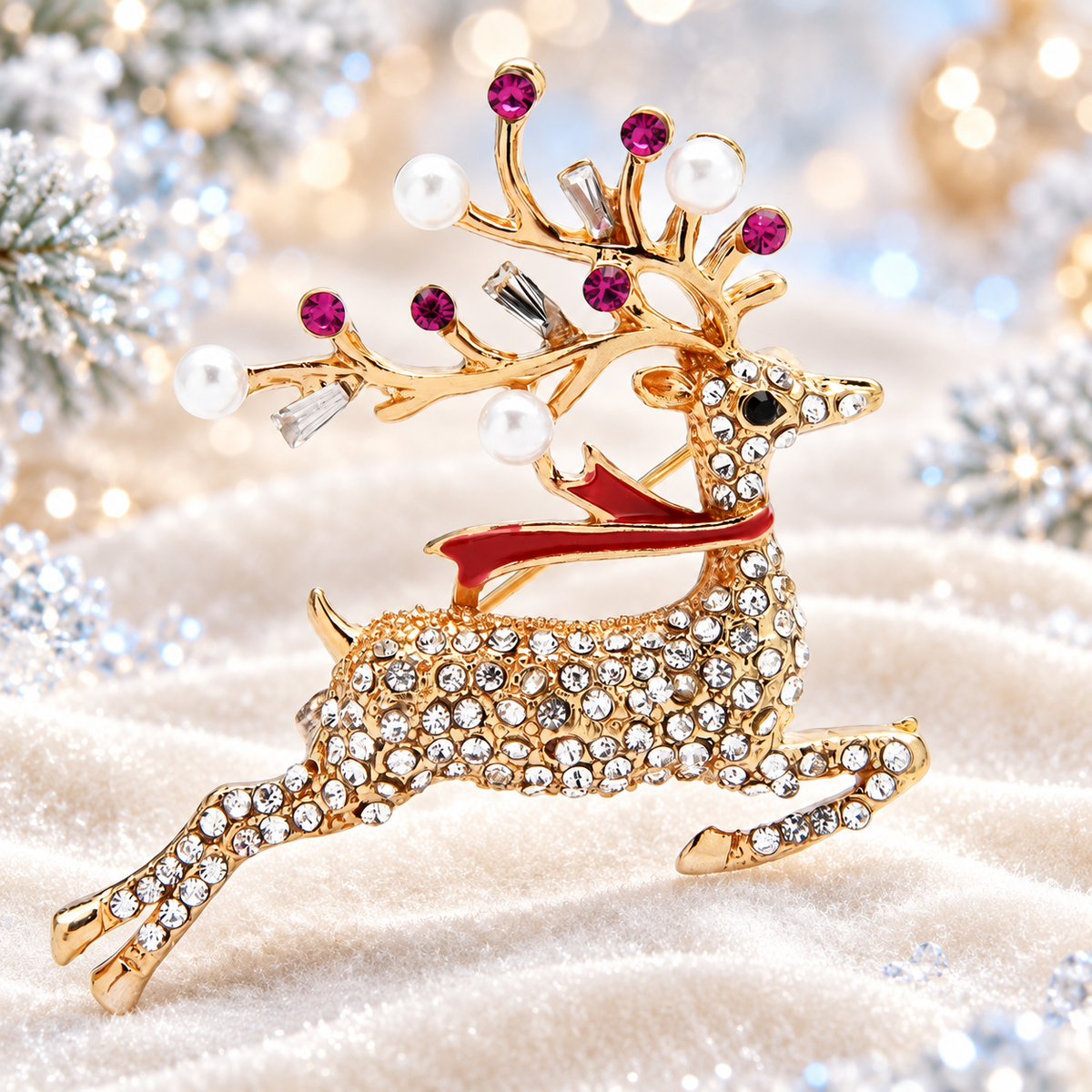 Pearl-Look Running Reindeer Brooch — styled background