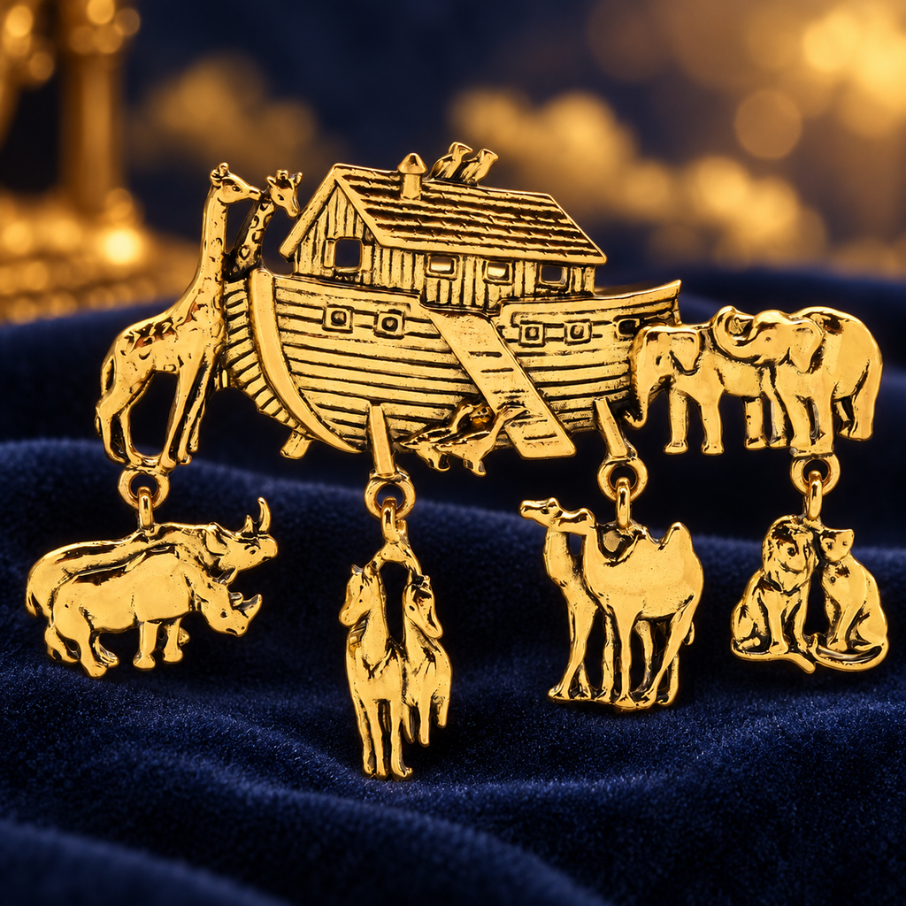 Noah's Ark Animal Charm Brooch — styled background