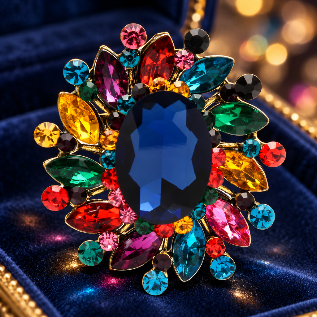 Oval Jewel Halo Flower Brooch — styled background