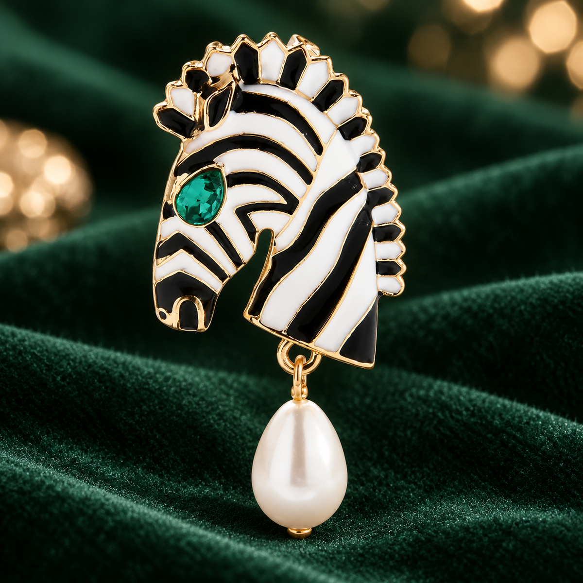 Enamel Zebra Head with Pearl-Look Drop Brooch — styled background