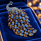 Jeweled Peacock Tail Brooch — styled background