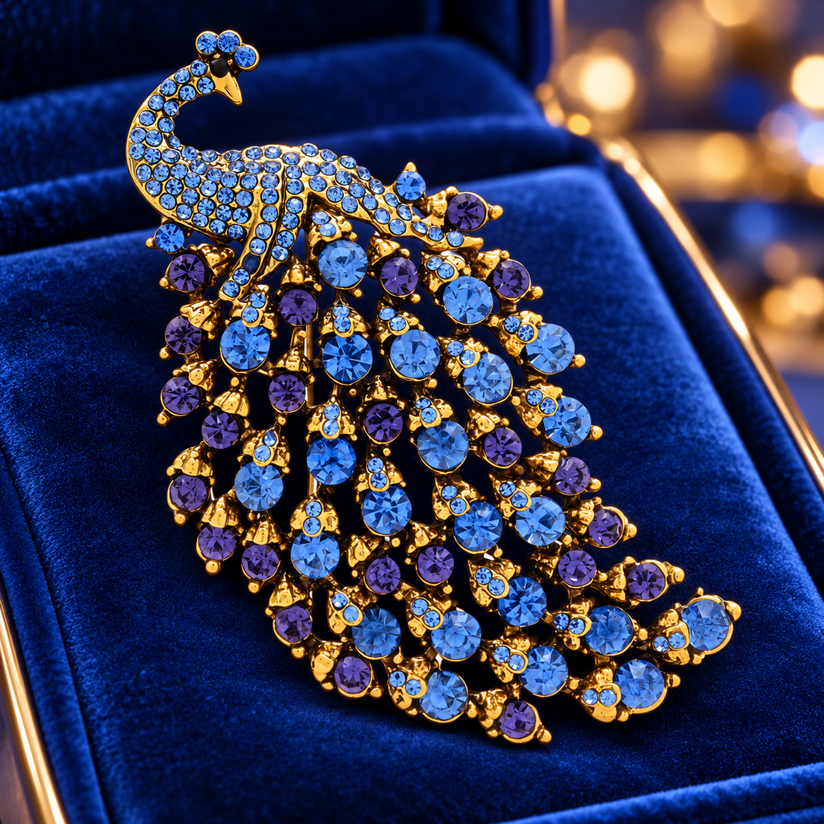 Jeweled Peacock Tail Brooch — styled background