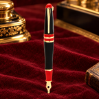 Enamel Fountain Pen Brooch — styled background