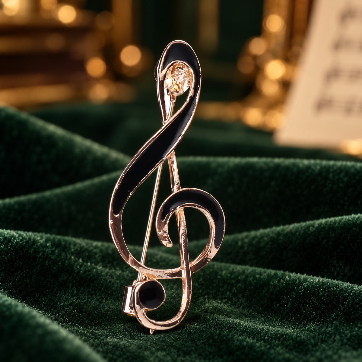 Black Enamel Treble Clef Brooch — styled background