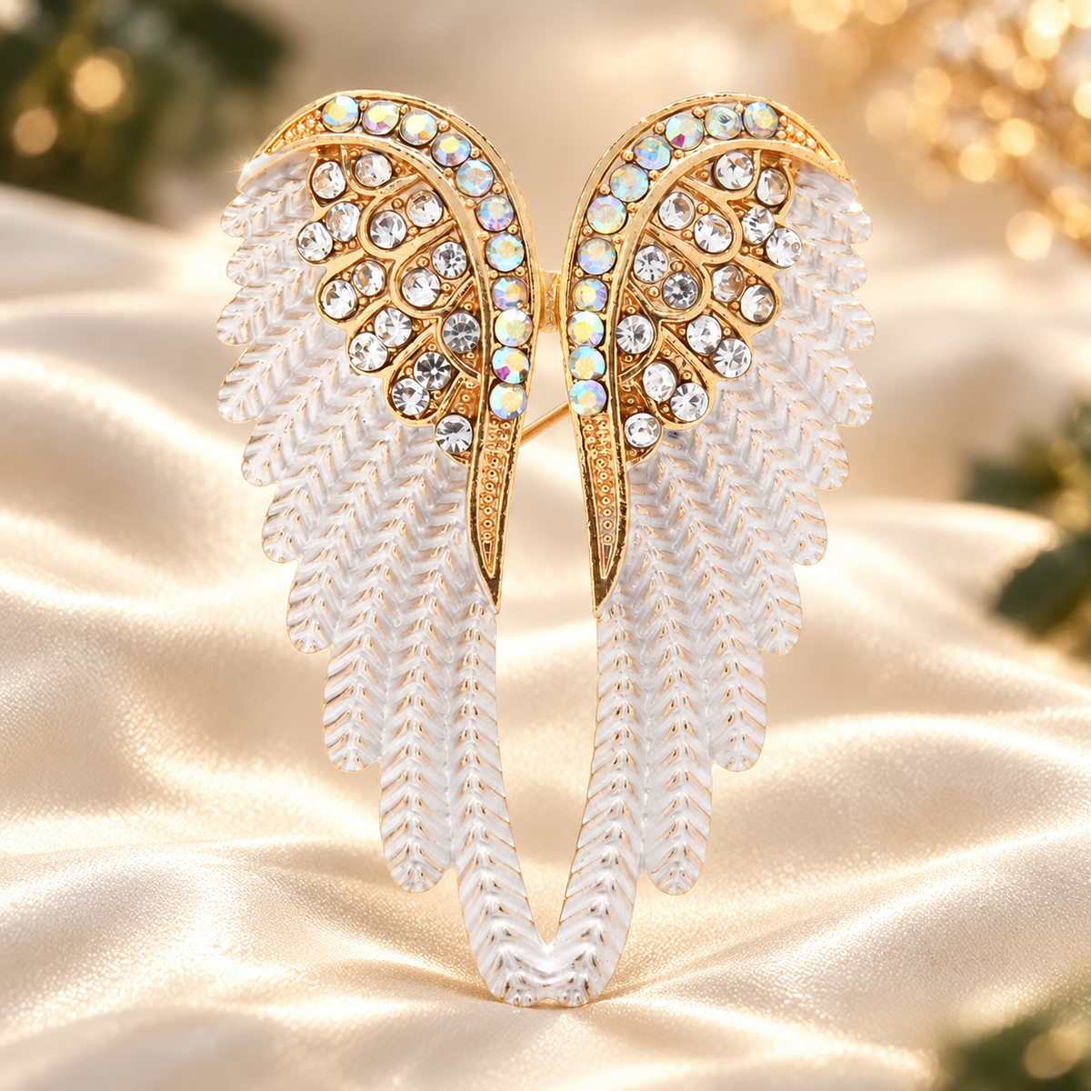 Jeweled Angel Wings Brooch — styled background