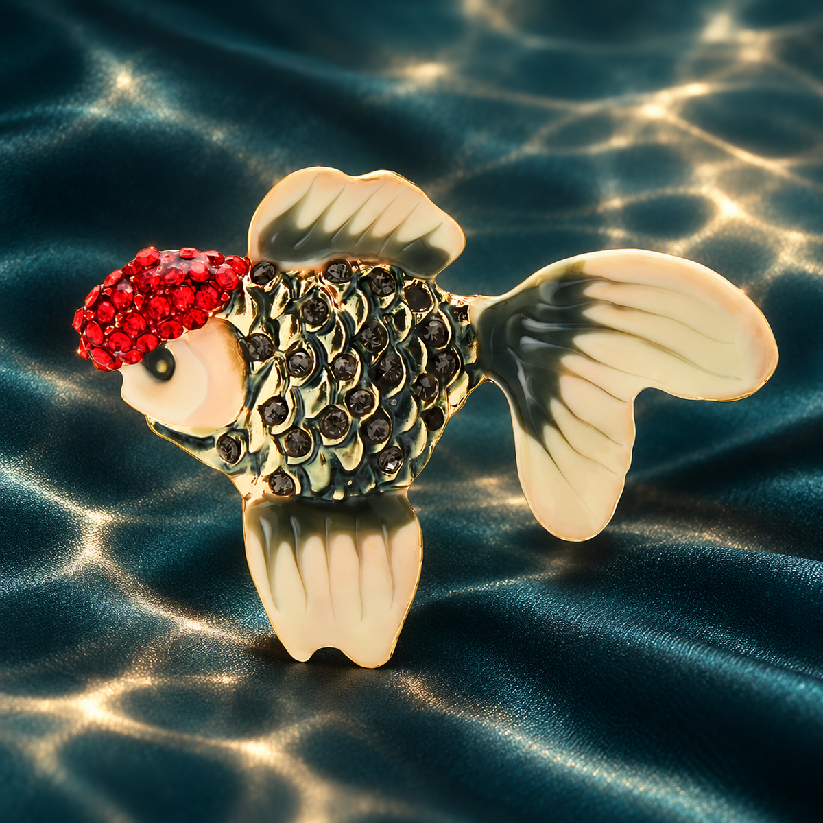 Enamel Goldfish with Red Jeweled Crown Brooch — styled background