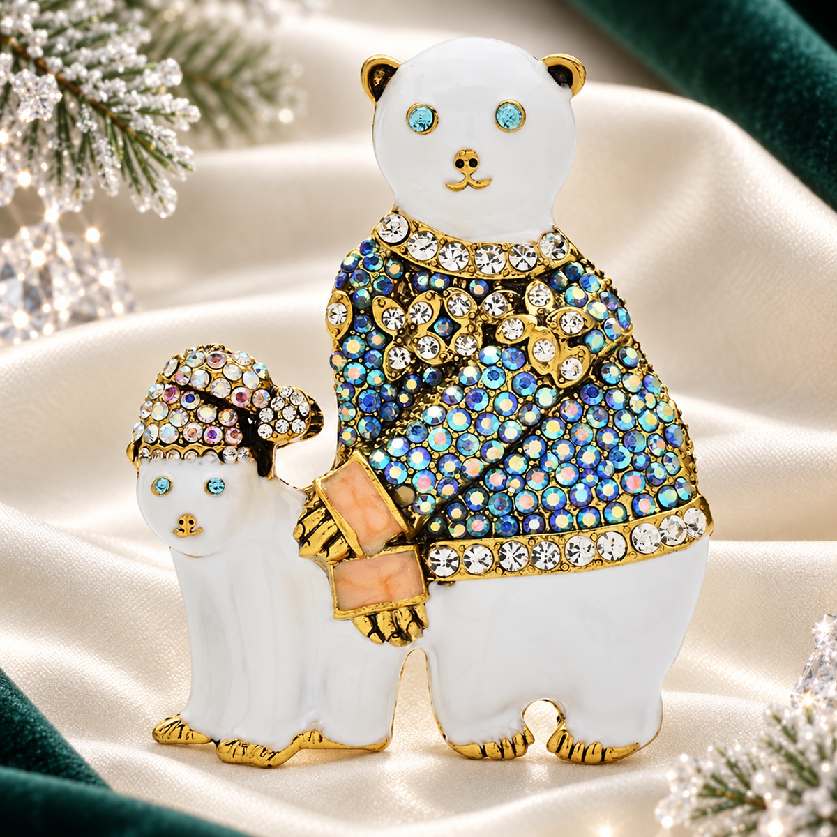 Polar Bear and Cub in Sparkling Winter Coats Brooch — styled background