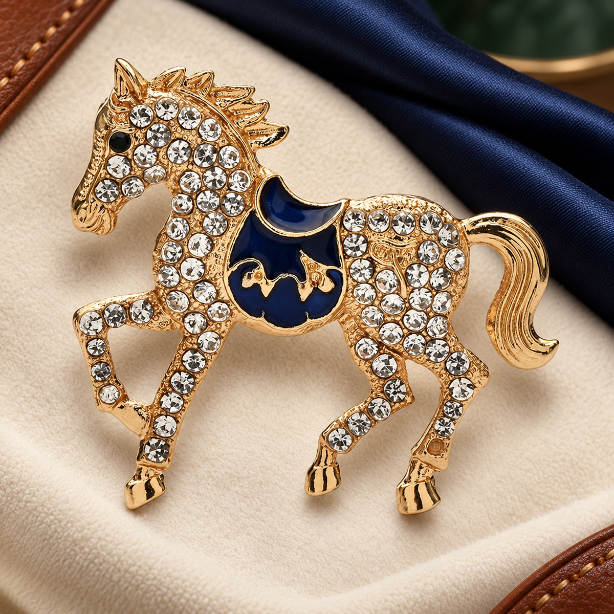 Rhinestone Horse with Enamel Saddle Brooch — styled background