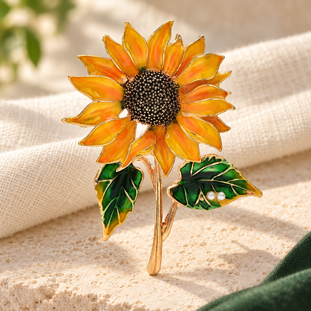 Enamel Sunflower with Leafy Stem Brooch — styled background