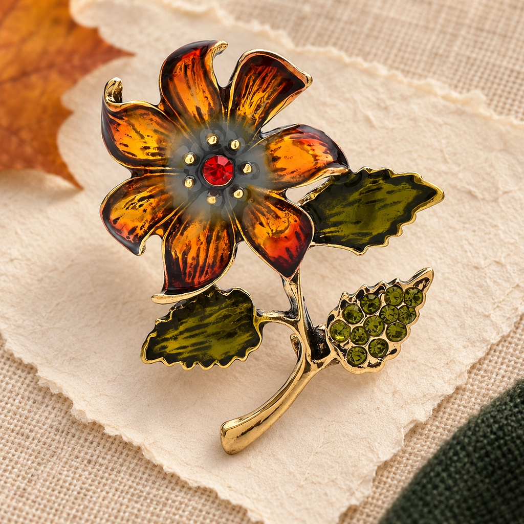 Vintage Enamel Flower Stem Brooch — styled background