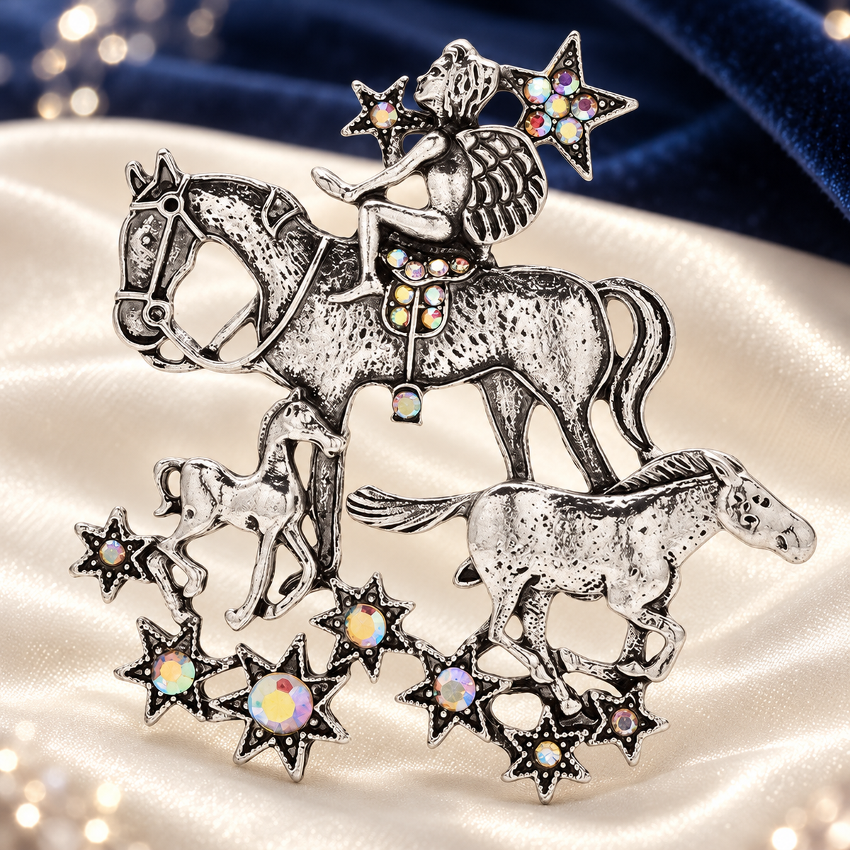 Fairy Rider with Horses and Stars Brooch — styled background