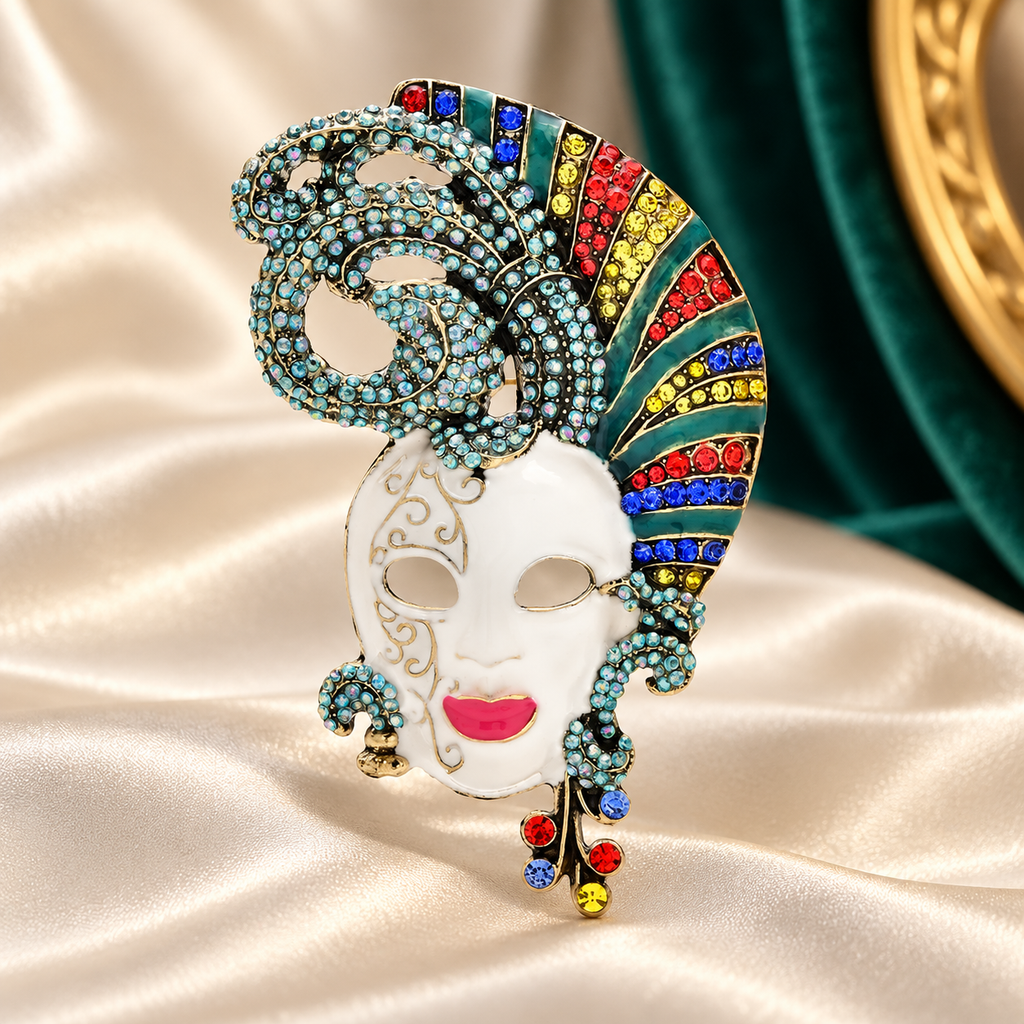 Jeweled Venetian Masquerade Mask Brooch — styled background