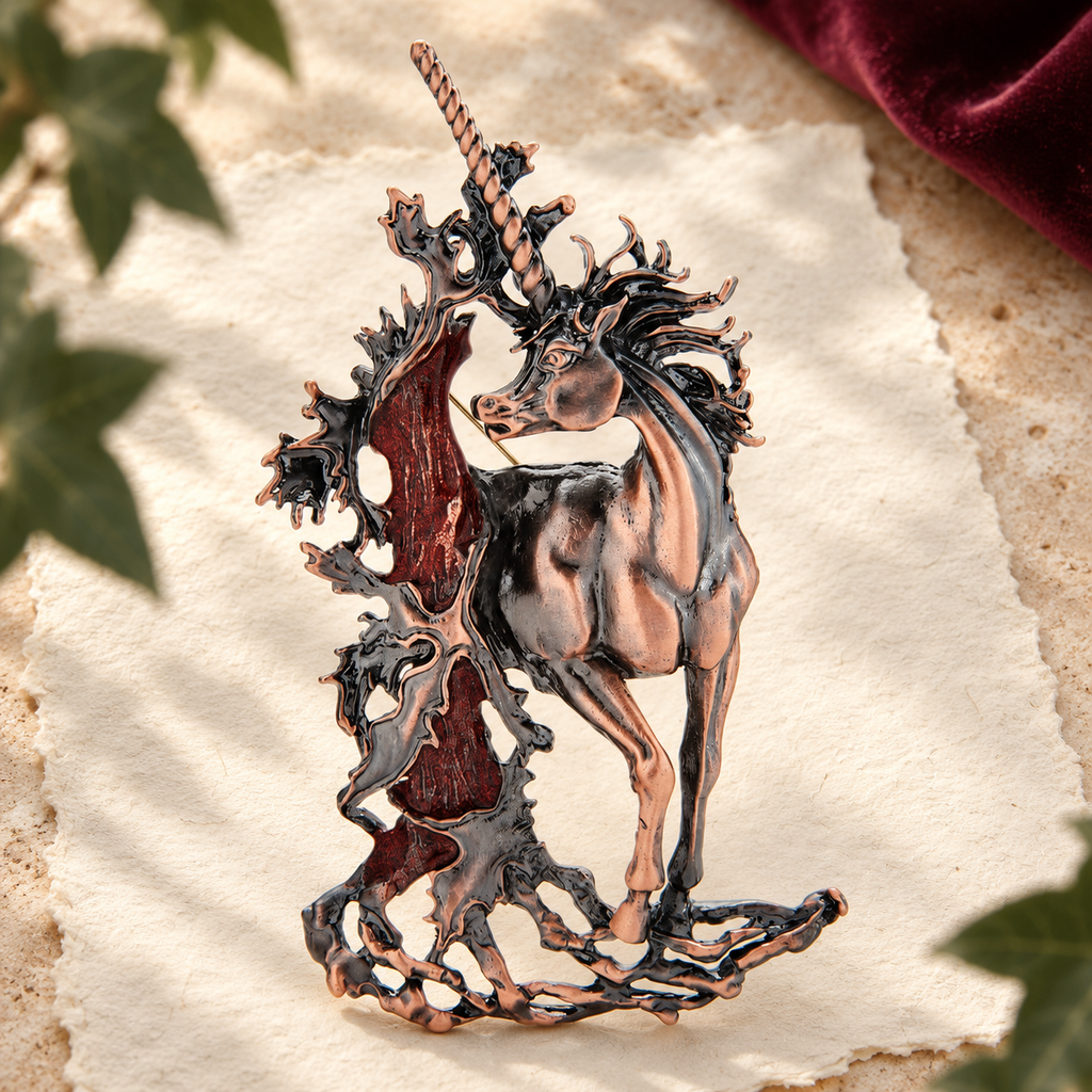 Rearing Unicorn in Woodland Frame Brooch — styled background