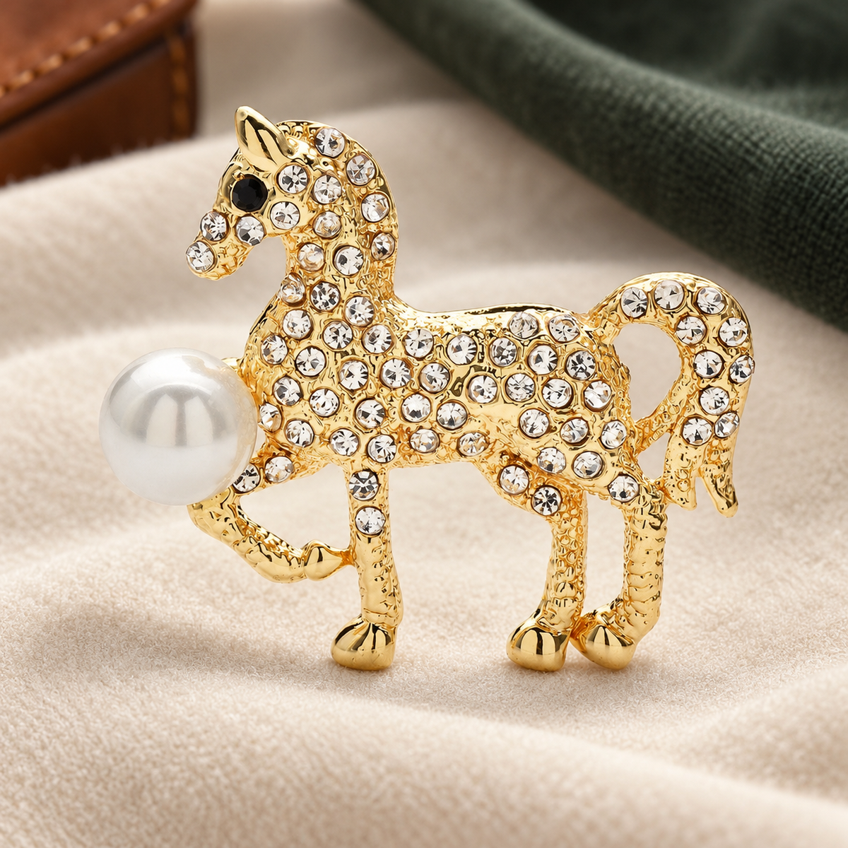 Rhinestone Standing Horse Brooch — styled background