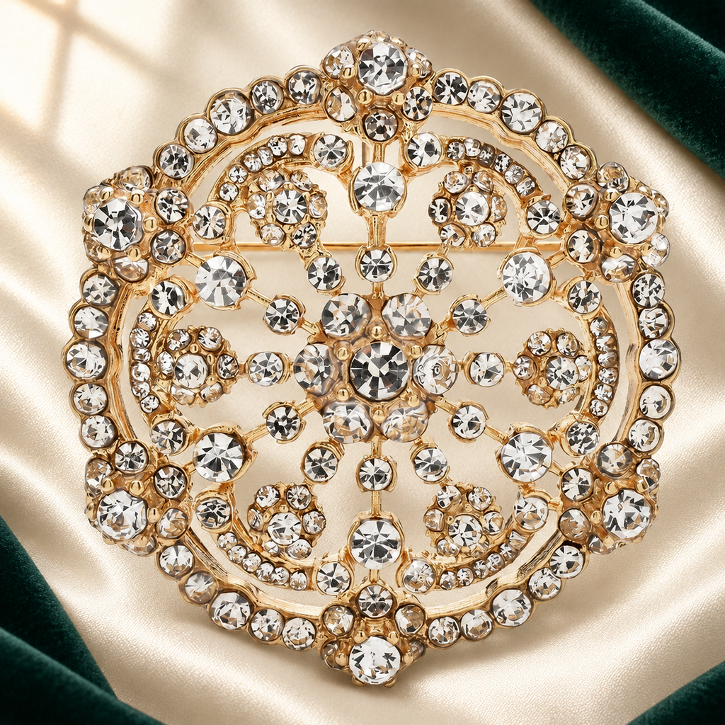 Round Rhinestone Filigree Flower Brooch — styled background