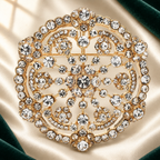 Round Rhinestone Filigree Flower Brooch — styled background