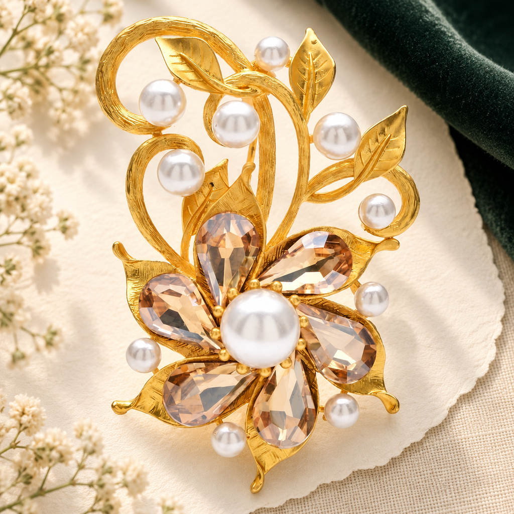 Golden Scrollwork Flower with Pearl-Look Center Brooch — styled background