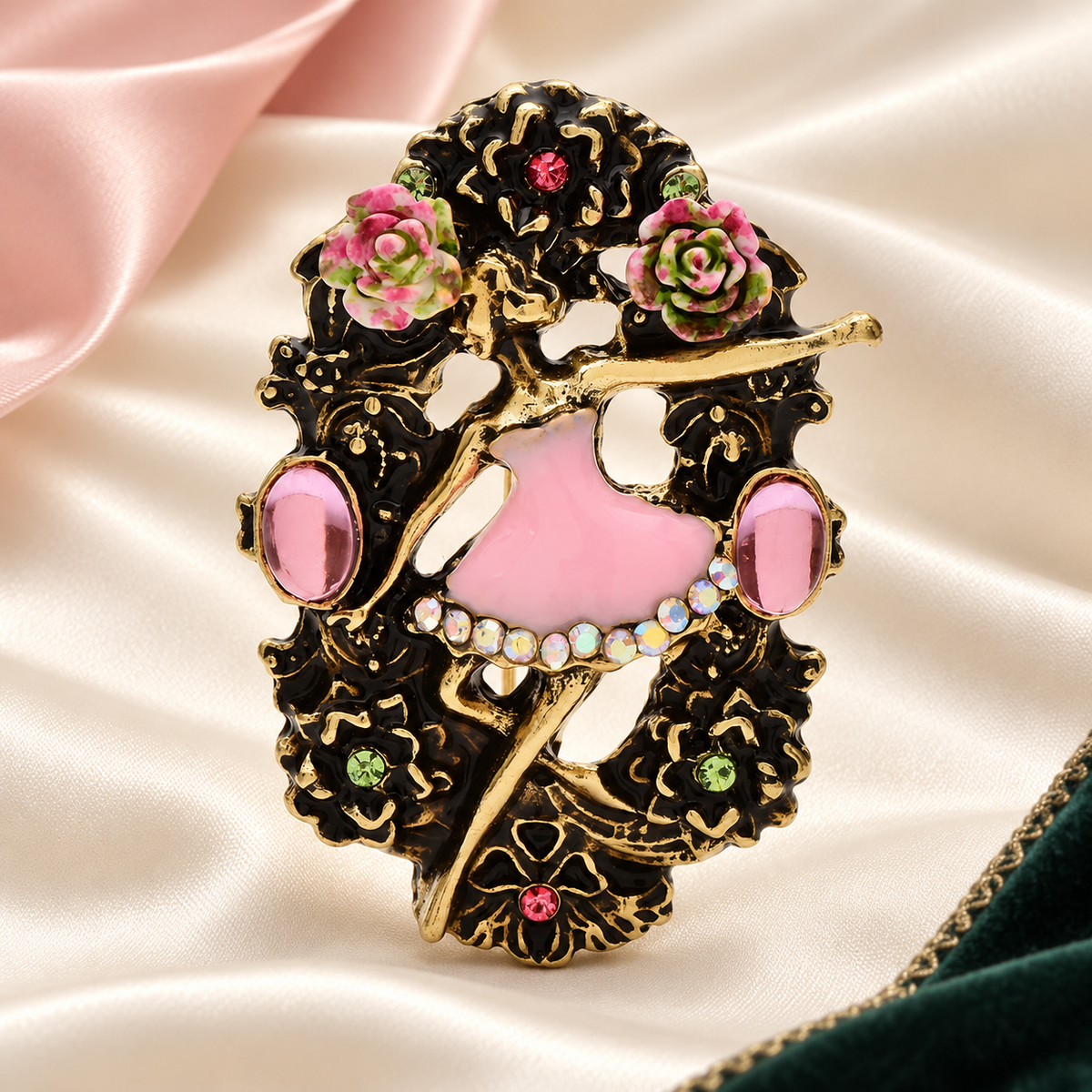 Pink Enamel Ballerina in Floral Frame Brooch — styled background