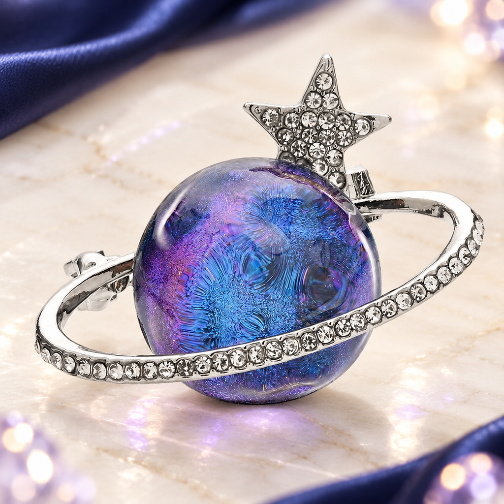 Purple Planet with Rhinestone Ring and Star Brooch — styled background