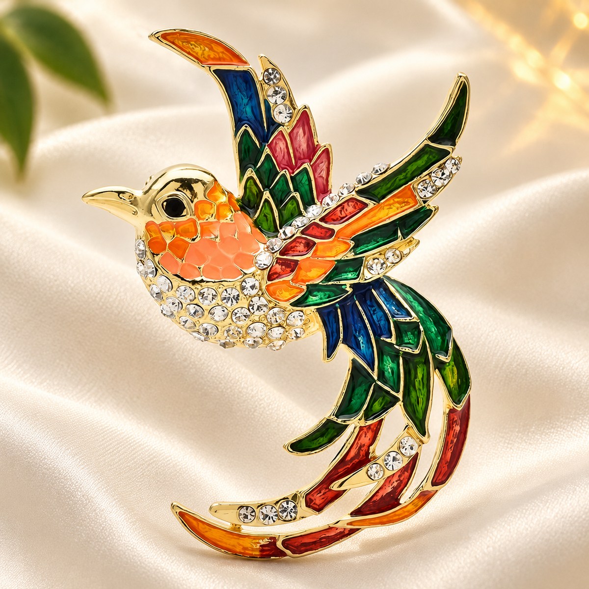 Colorful Long-Tailed Bird in Flight Brooch — styled background