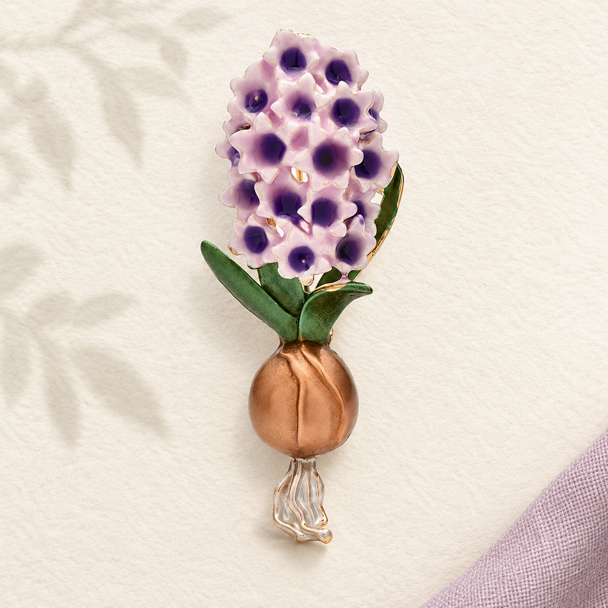 Enamel Hyacinth Flower with Bulb Brooch — styled background