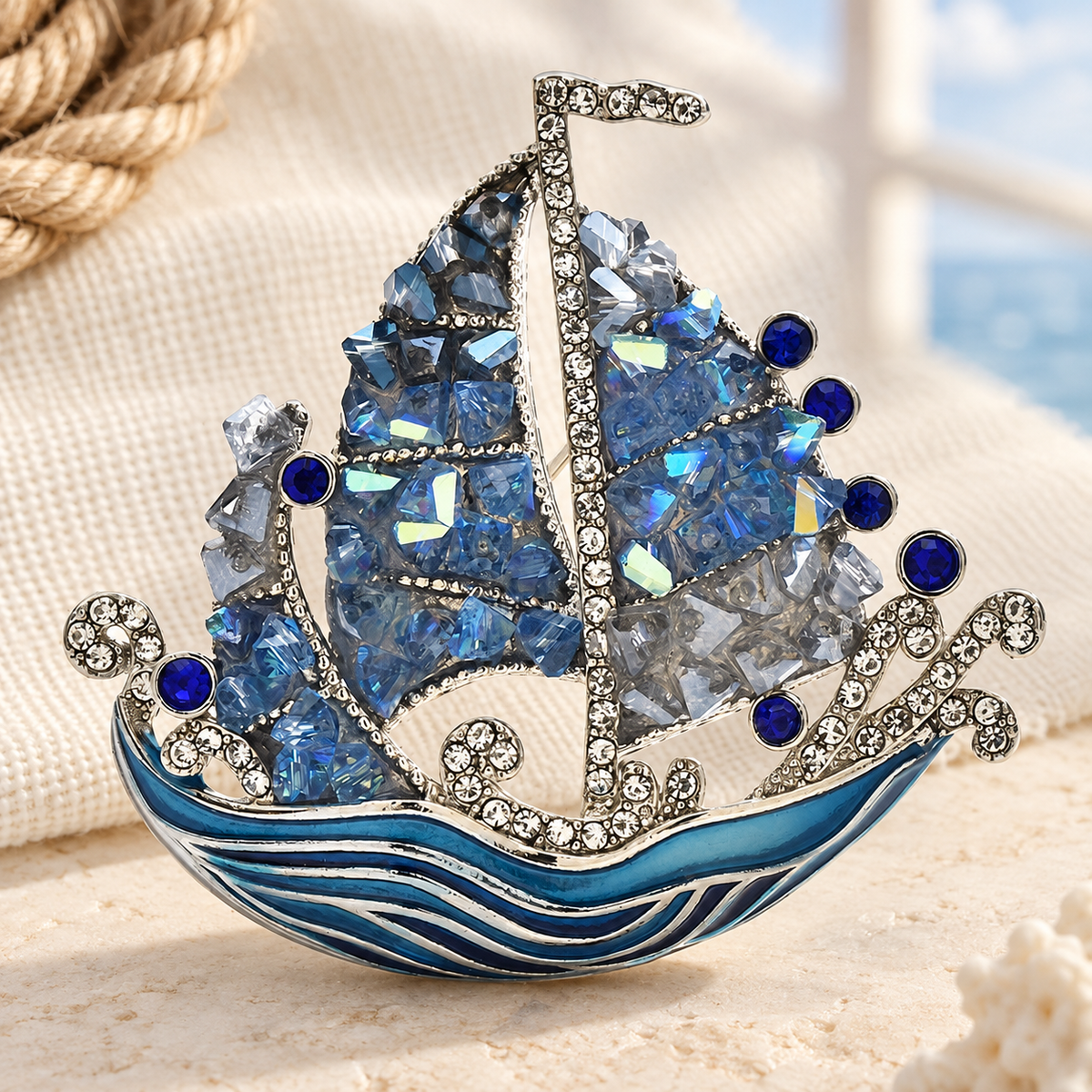 Blue Jeweled Sailboat Brooch — styled background
