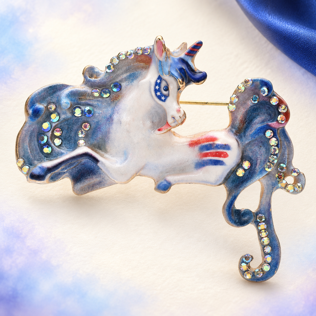 Patterned Enamel Prancing Unicorn Brooch — styled background