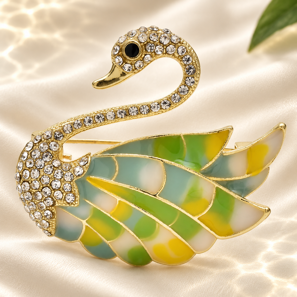 Green Enamel Swan with Rhinestones Brooch — styled background