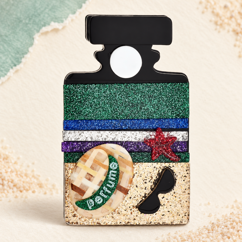 Acrylic Beach Bottle with Hat and Sunglasses Brooch — styled background
