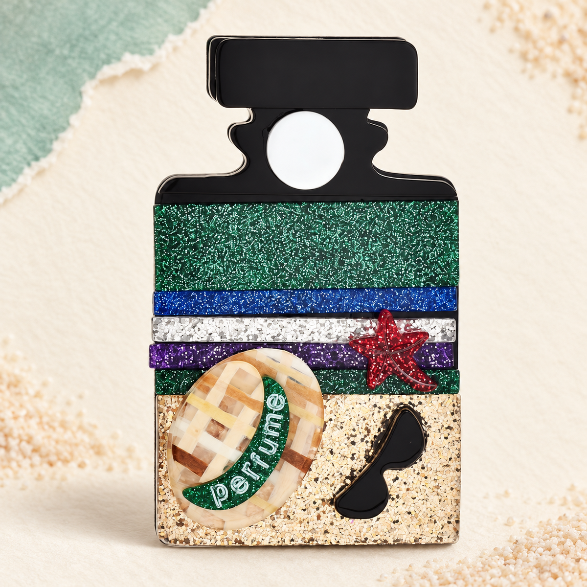 Acrylic Beach Bottle with Hat and Sunglasses Brooch — styled background