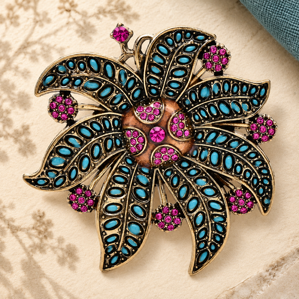 Vintage Jeweled Flower Cluster Brooch — styled background