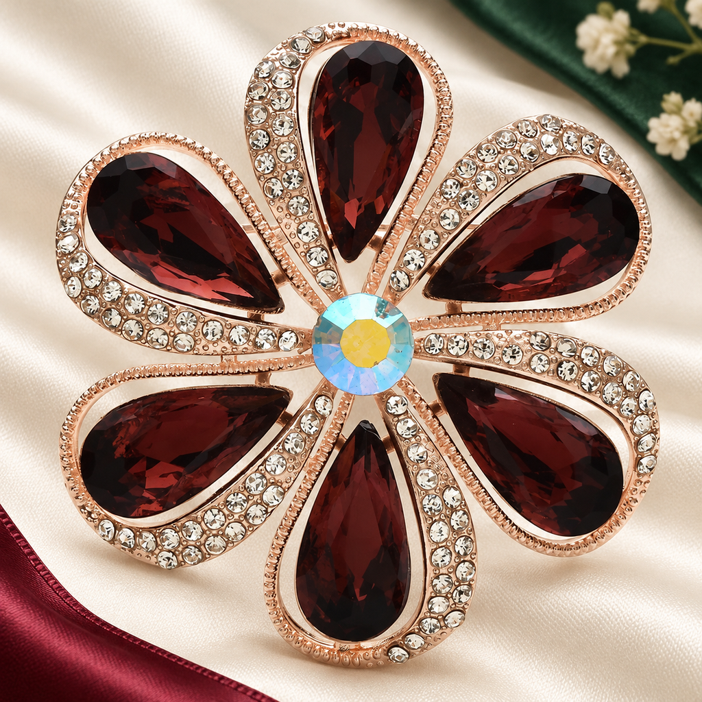 Six-Petal Faceted Daisy Flower Brooch — styled background