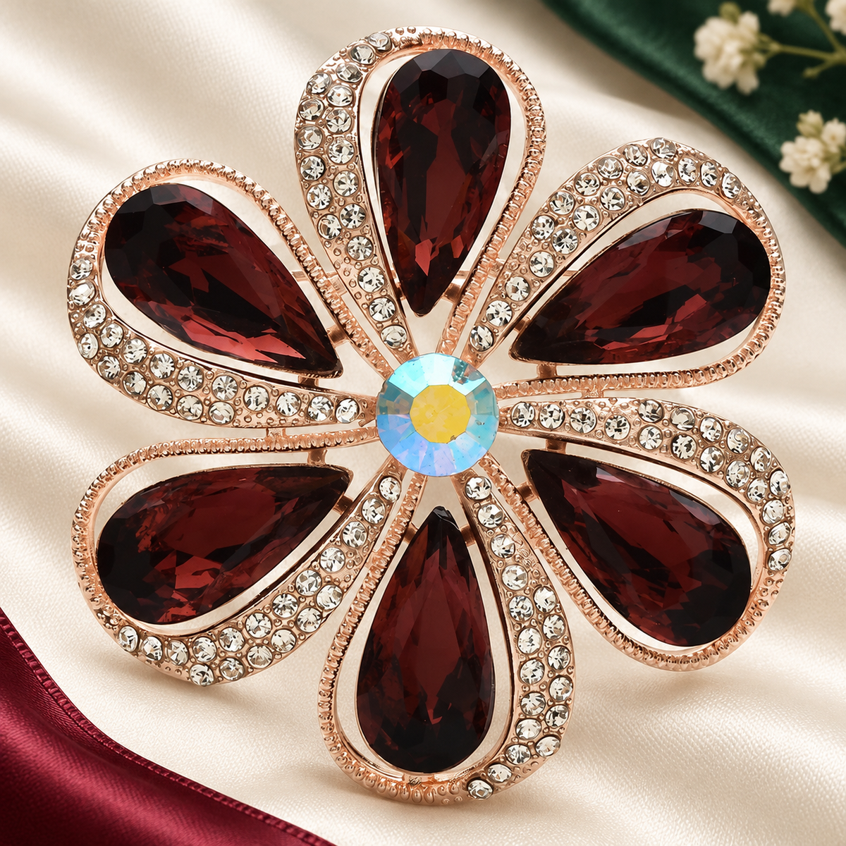 Six-Petal Faceted Daisy Flower Brooch — styled background